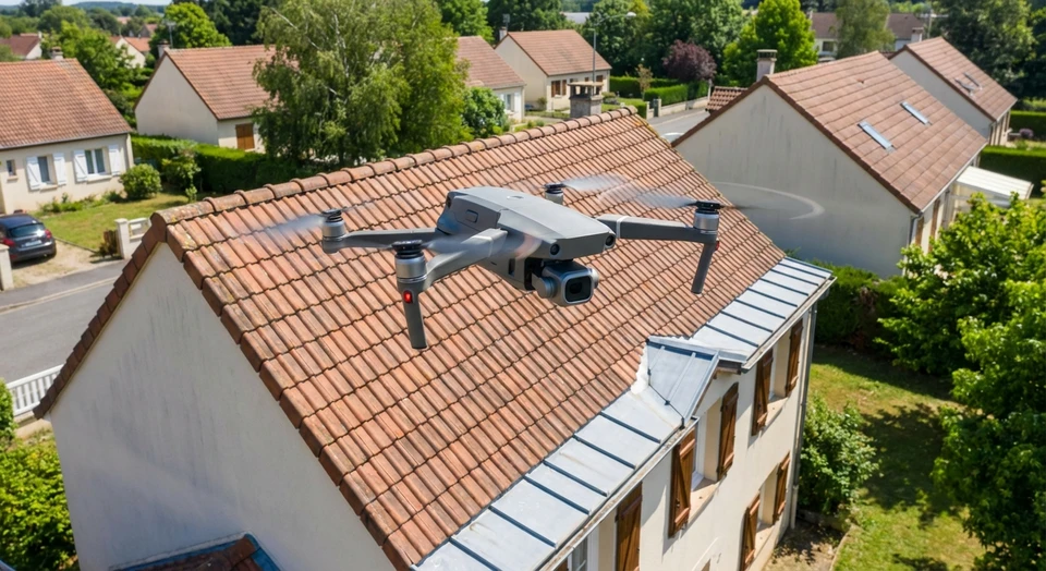 Un drone DJI ou équivalent en vol stationnaire à proximité immédiate d'une toiture résidentielle (maison individuelle avec couverture tuiles ou acier), capturant l'action de survol et d'inspection. La photo est prise de jour, avec une bonne luminosité, montrant nettement le drone et la toiture. L'arrière-plan montre l'environnement résidentiel calme et verdoyant typique du Nord.